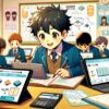 アニメスタイルで描かれた教室の中で、'Brain Kids Garden'のオンラインプラットフォームを使用して距離の計算と単位変換を学ぶ日本の小学3年生の生徒たち。生徒たちはタブレットを使ってkmとmを使用した計算問題に取り組んでおり、先生が指導している。