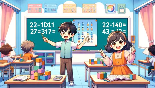 元気な男の子と女の子が黒板の前で笑顔で小数の掛け算を指さしている教室のイラスト画像。