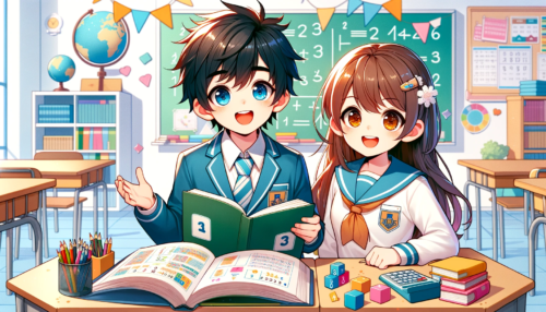 制服を着た男の子と女の子が教室の机に座り、本を開いて笑顔で勉強しているアニメスタイルの画像