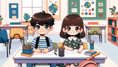 「Brain Kids Garden」の二人のキャラクター、アジア系の男の子と女の子が、教室で一緒に図形の勉強をしているシーン。