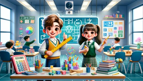 アニメーションスタイルの教室内で、約9〜10歳の男の子と女の子が数学の授業に取り組んでいます。男の子はカジュアルな学校の制服を着ており、ループ状に曲がった黄色い定規を持って親指を立てています。女の子は緑と白の制服を着て、鉛筆を持ち、数学の教科書とブロックの山の隣に立っています。背景には、数学の問題、チャート、数字が表示されたデジタルスクリーンがある活気に満ちた教室があります。床には教育玩具、文房具、本が散らばっており、楽しく魅力的な学習環境を示しています。部屋は明るく陽気で、自然光が内部を照らしています。