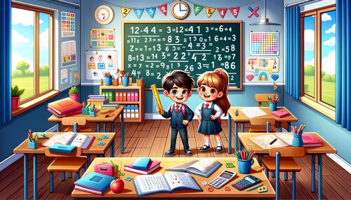 活気ある教室で数学に取り組む子供たちのアニメーションイメージ。男の子が定規を持ち、女の子がタブレットで数学問題を解いている様子。壁には数学のポスターやチャートが飾られ、カラフルな学用品が散らばっており、学習意欲を掻き立てる環境が描かれています。